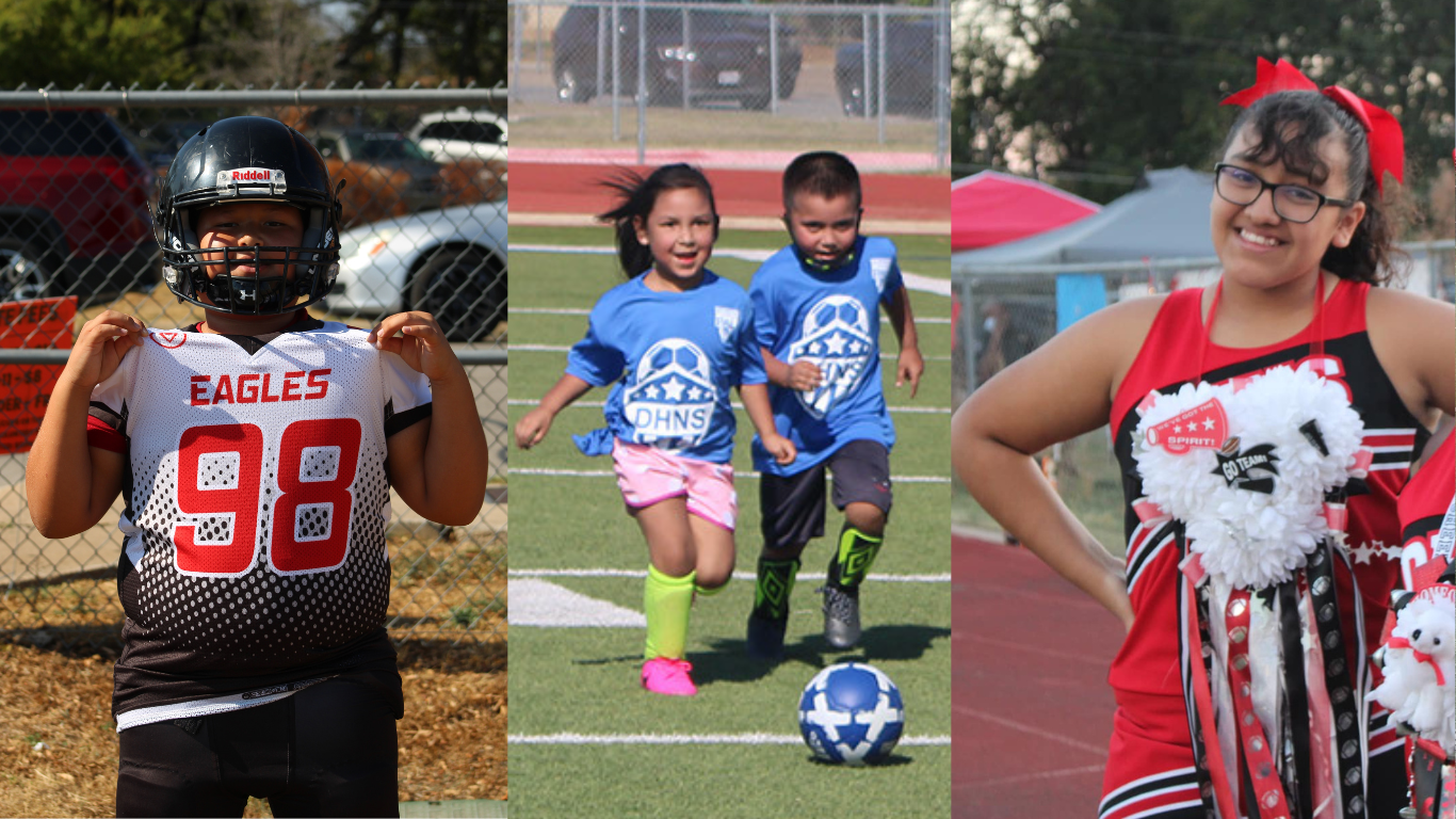 Montage of a football player, two kids playing soccer and a cheerleader